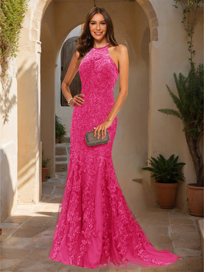 Trumpet/Mermaid Halter Sleeveless Applique Prom Dresses