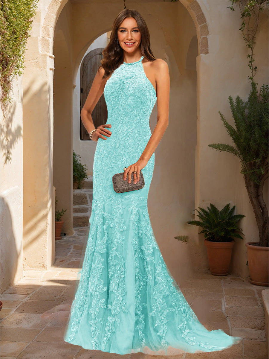 Trumpet/Mermaid Halter Sleeveless Applique Prom Dresses