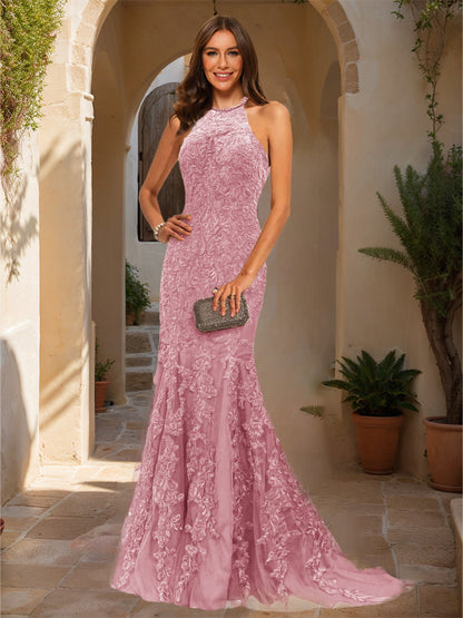 Trumpet/Mermaid Halter Sleeveless Applique Prom Dresses