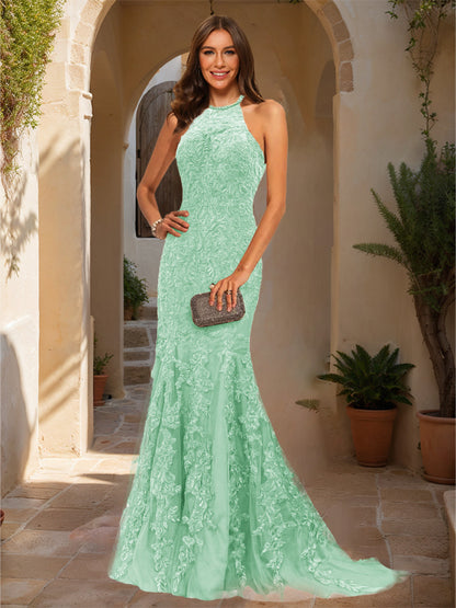 Trumpet/Mermaid Halter Sleeveless Applique Prom Dresses