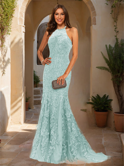 Trumpet/Mermaid Halter Sleeveless Applique Prom Dresses