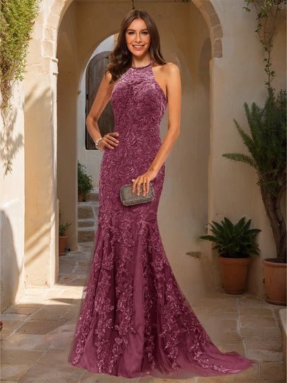 Trumpet/Mermaid Halter Sleeveless Applique Prom Dresses
