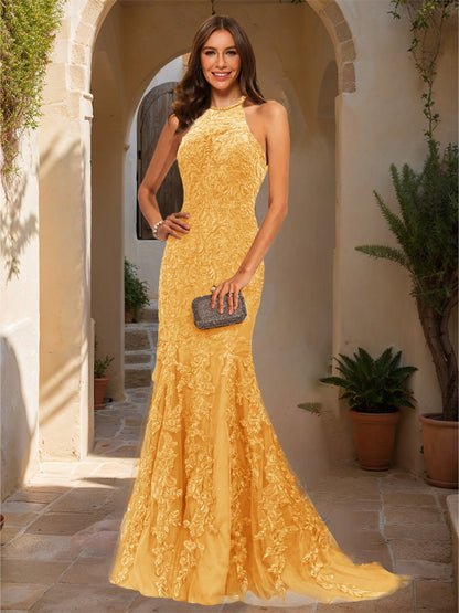 Trumpet/Mermaid Halter Sleeveless Applique Prom Dresses