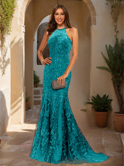 Trumpet/Mermaid Halter Sleeveless Applique Prom Dresses