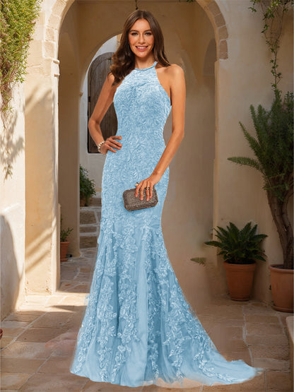 Trumpet/Mermaid Halter Sleeveless Applique Prom Dresses