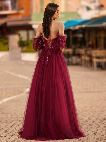 Ball Gown Sweetheart Half Sleeves Sequins Prom Dresses