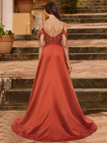 A-Line/Princess Cold Shoulder Short Sleeves Rhinestone Prom Dresses