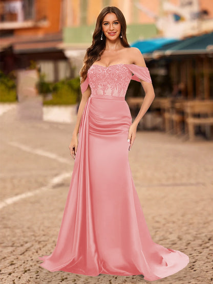 Trumpet/Mermaid Off-the-Shoulder Short Sleeves Sequins Prom Dresses