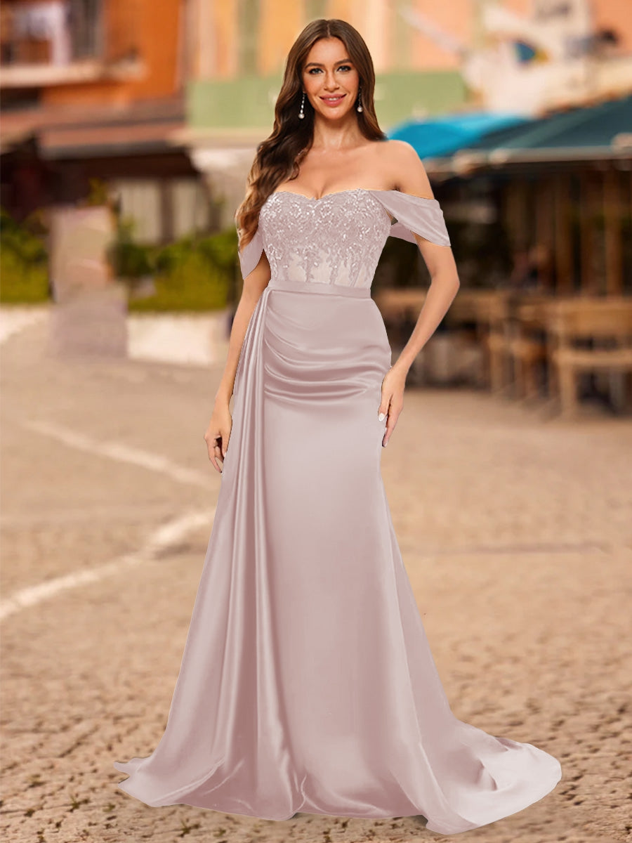 Trumpet/Mermaid Off-the-Shoulder Short Sleeves Sequins Prom Dresses