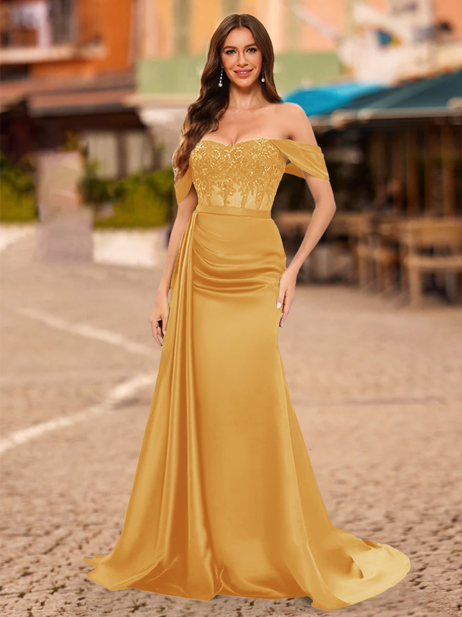 Trumpet/Mermaid Off-the-Shoulder Short Sleeves Sequins Prom Dresses