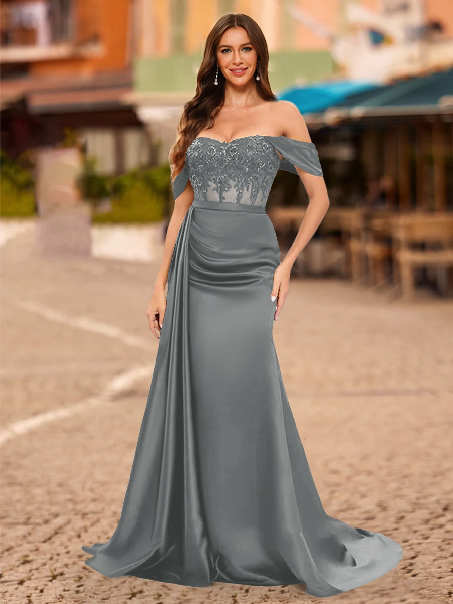 Trumpet/Mermaid Off-the-Shoulder Short Sleeves Sequins Prom Dresses