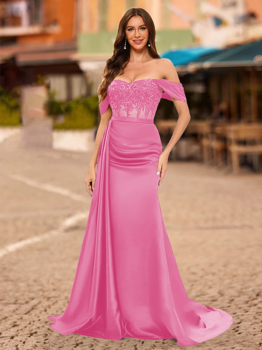 Trumpet/Mermaid Off-the-Shoulder Short Sleeves Sequins Prom Dresses