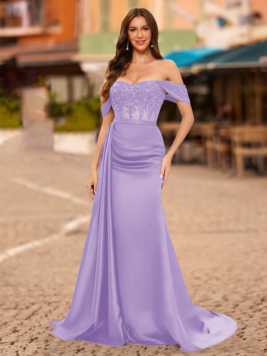 Trumpet/Mermaid Off-the-Shoulder Short Sleeves Sequins Prom Dresses