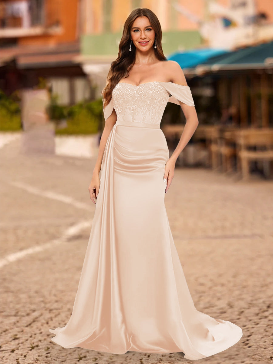 Trumpet/Mermaid Off-the-Shoulder Short Sleeves Sequins Prom Dresses