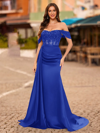 Trumpet/Mermaid Off-the-Shoulder Short Sleeves Sequins Prom Dresses