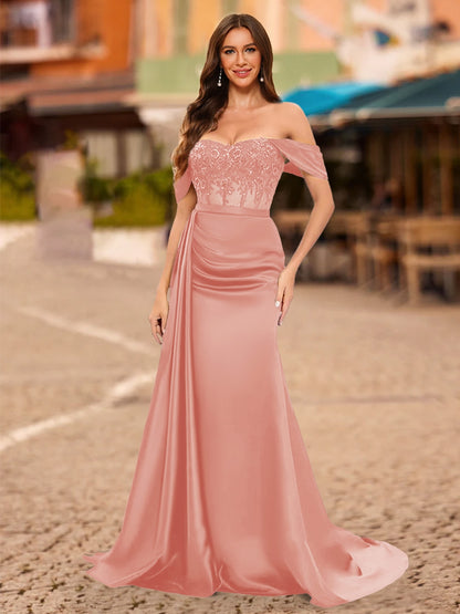 Trumpet/Mermaid Off-the-Shoulder Short Sleeves Sequins Prom Dresses