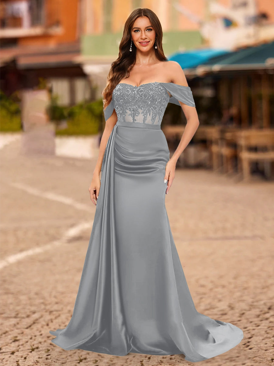 Trumpet/Mermaid Off-the-Shoulder Short Sleeves Sequins Prom Dresses