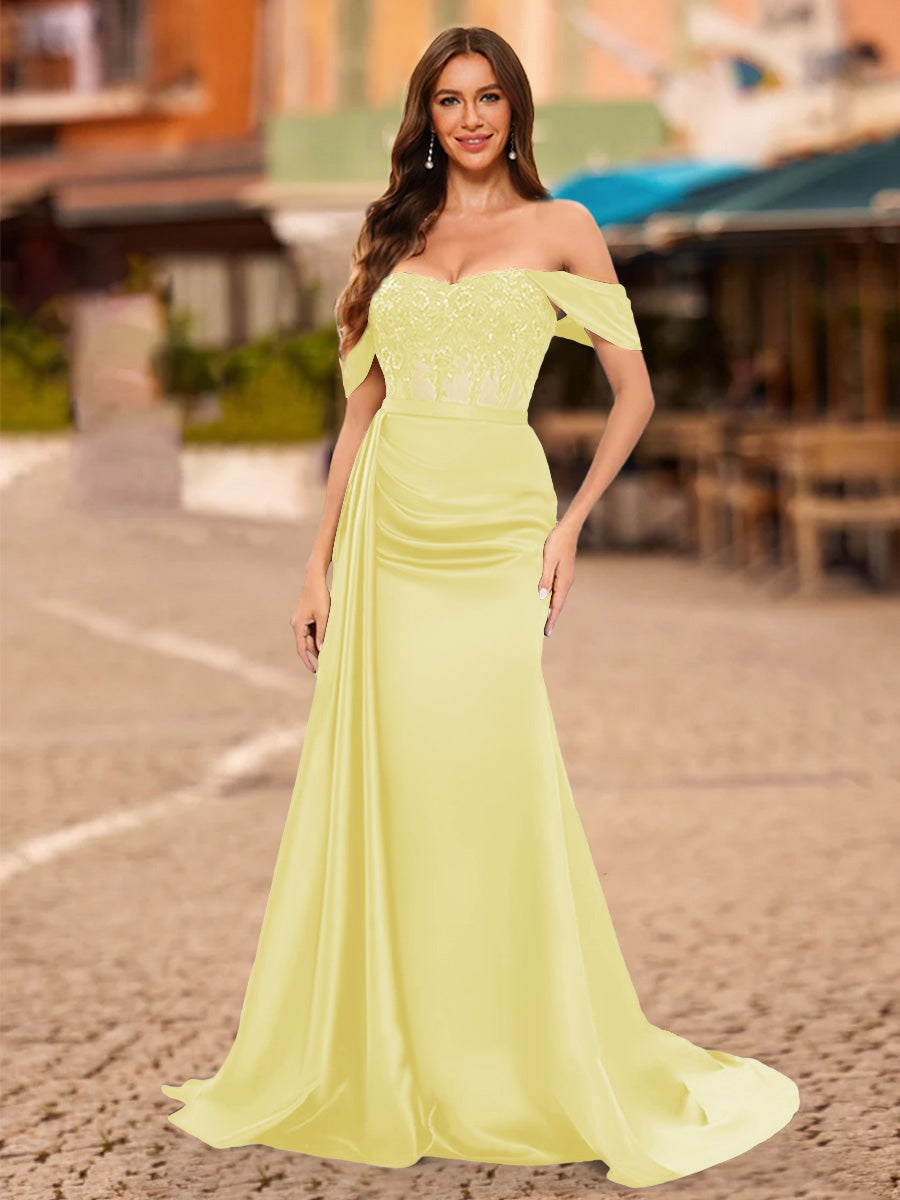 Trumpet/Mermaid Off-the-Shoulder Short Sleeves Sequins Prom Dresses