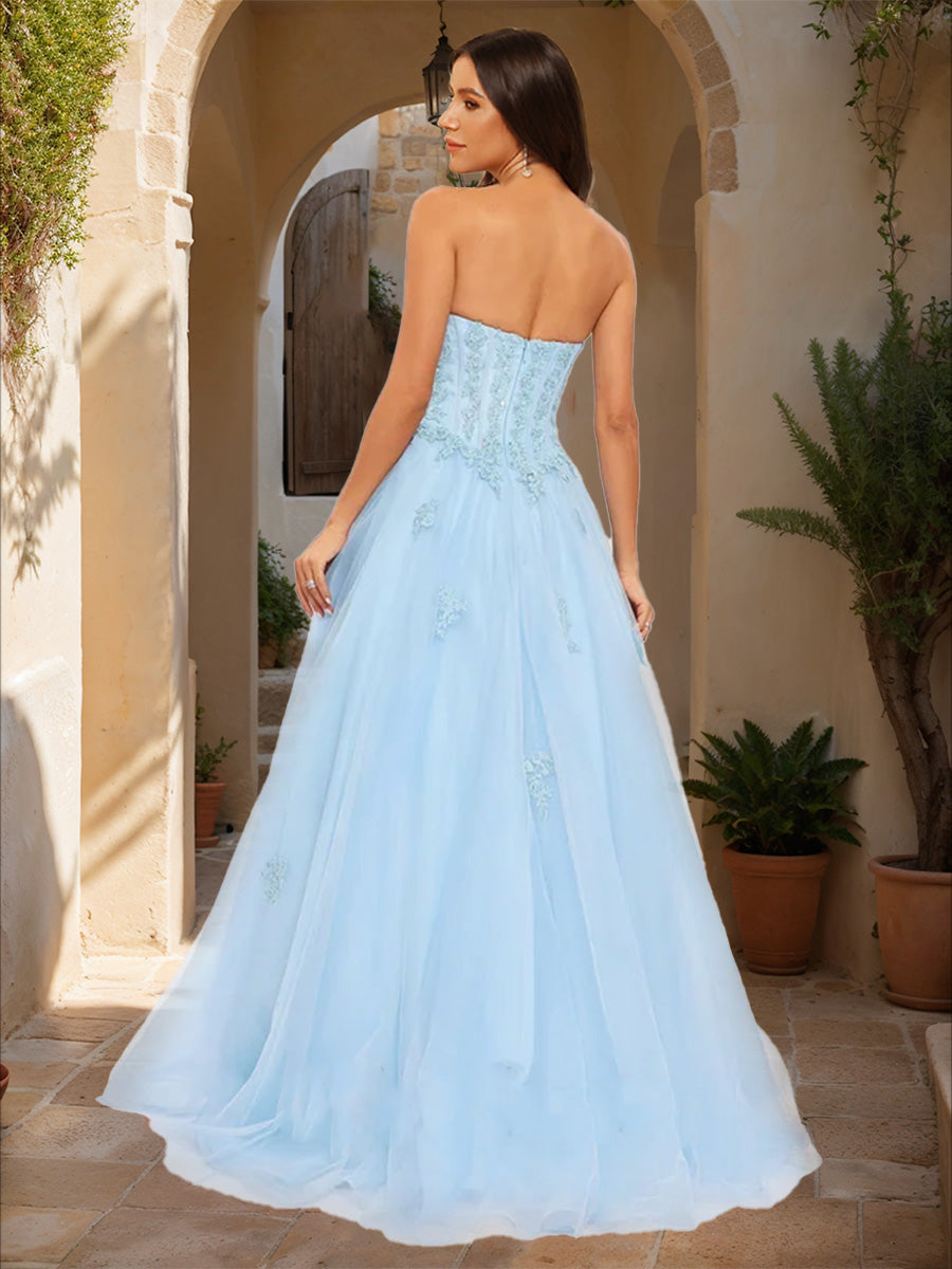 Ball Gown Strapless Sleeveless Applique Prom Dresses