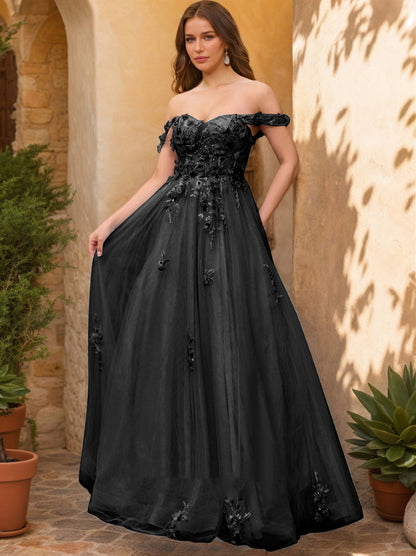 Ball Gown Off the Shoulder Short Sleeves Applique Prom Dresses