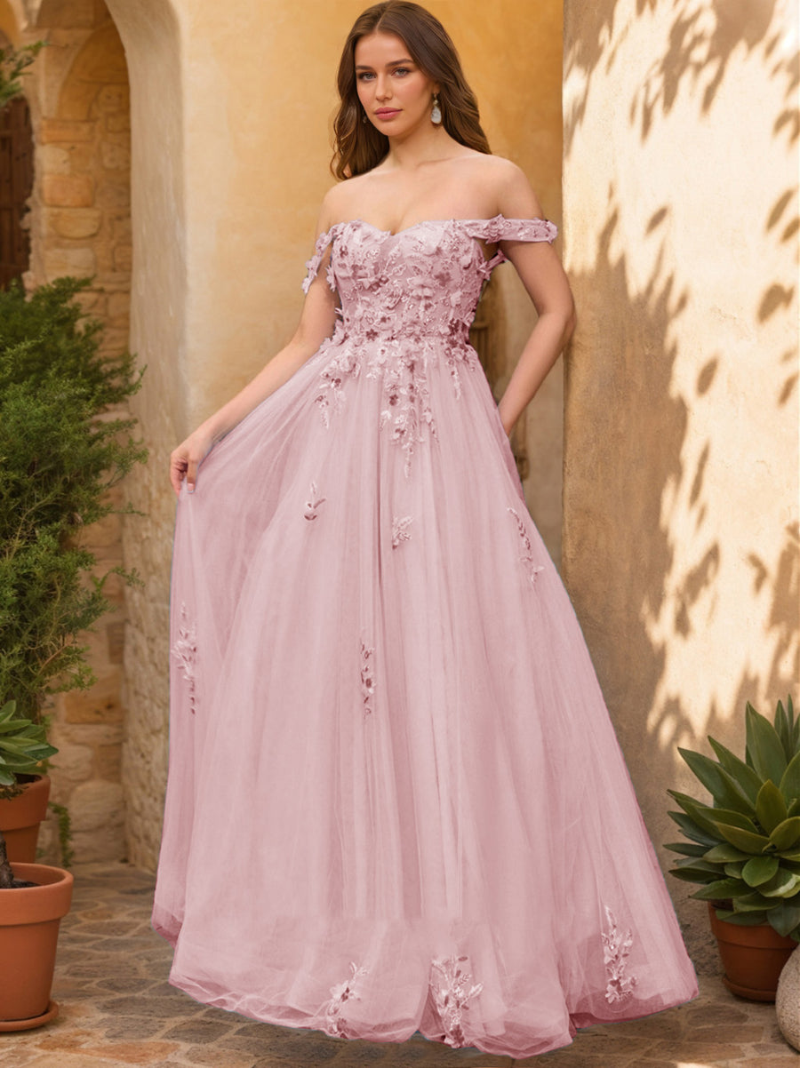 Ball Gown Off the Shoulder Short Sleeves Applique Prom Dresses