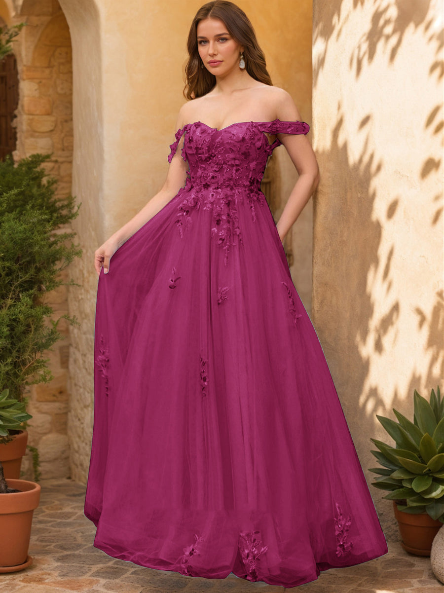 Ball Gown Off the Shoulder Short Sleeves Applique Prom Dresses