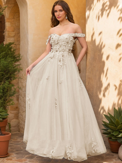 Ball Gown Off the Shoulder Short Sleeves Applique Prom Dresses