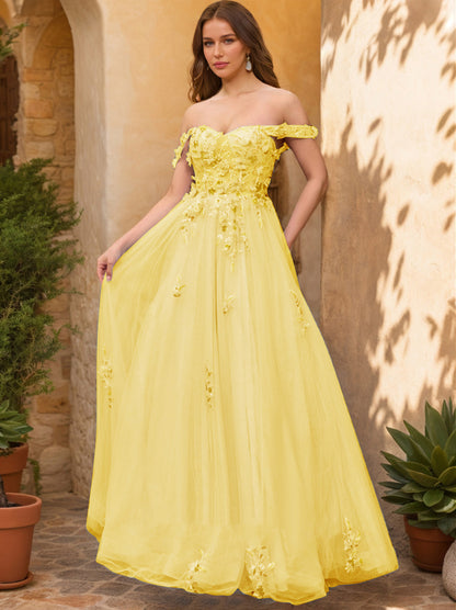 Ball Gown Off the Shoulder Short Sleeves Applique Prom Dresses