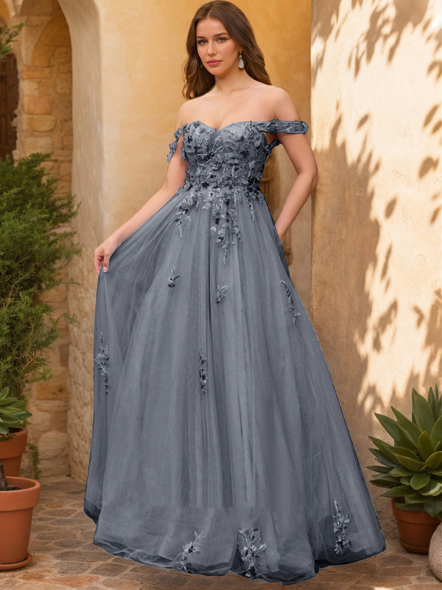 Ball Gown Off the Shoulder Short Sleeves Applique Prom Dresses