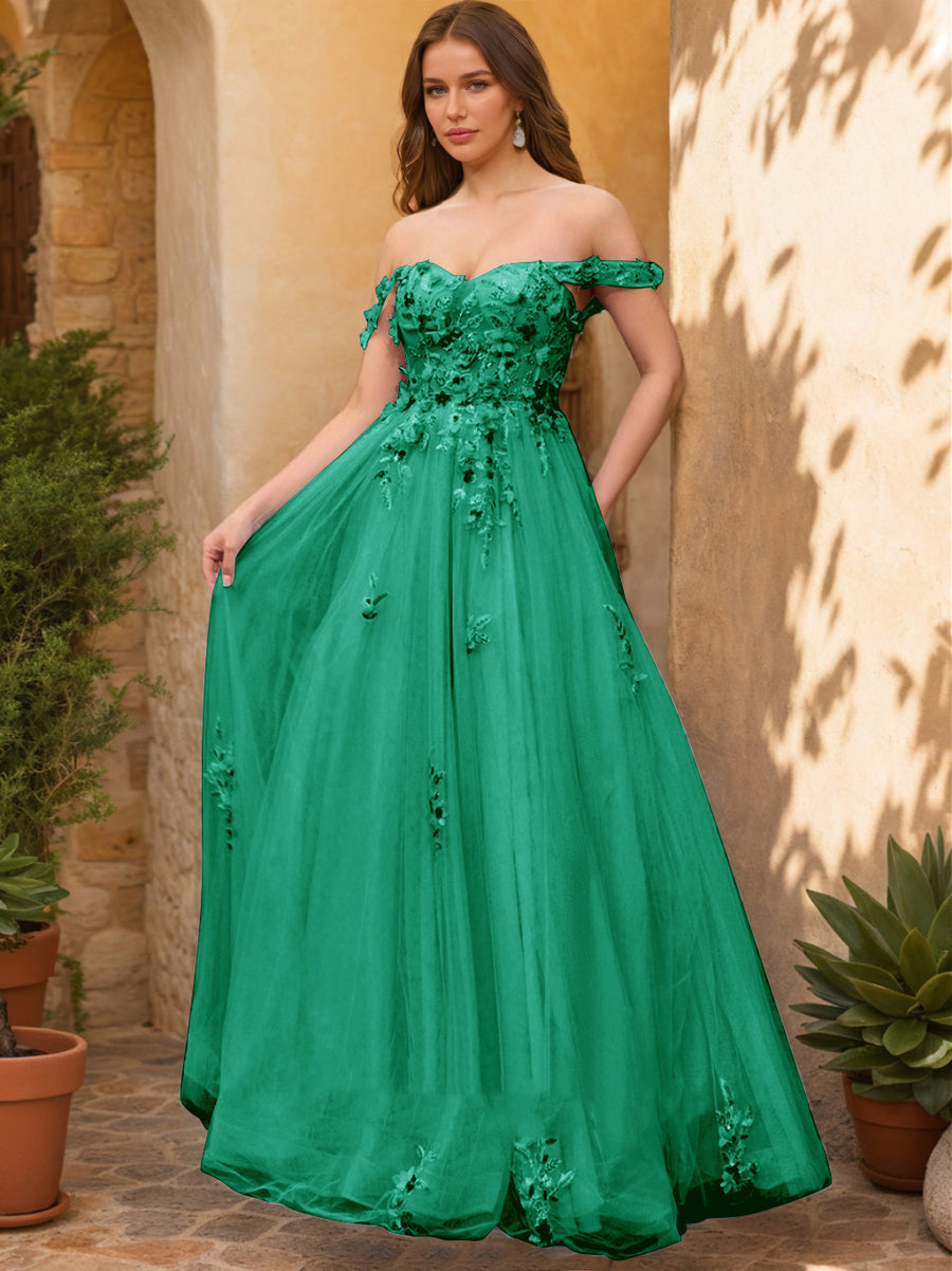 Ball Gown Off the Shoulder Short Sleeves Applique Prom Dresses