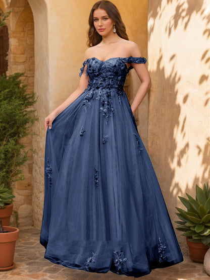 Ball Gown Off the Shoulder Short Sleeves Applique Prom Dresses