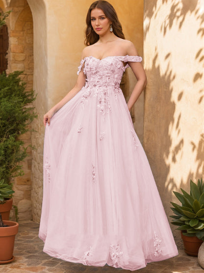 Ball Gown Off the Shoulder Short Sleeves Applique Prom Dresses