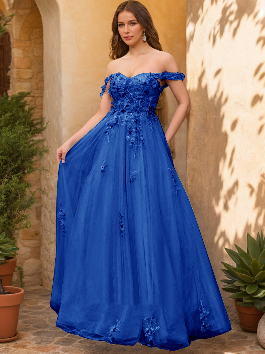 Ball Gown Off the Shoulder Short Sleeves Applique Prom Dresses