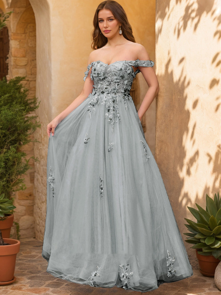 Ball Gown Off the Shoulder Short Sleeves Applique Prom Dresses