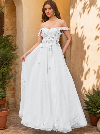 Ball Gown Off the Shoulder Short Sleeves Applique Prom Dresses