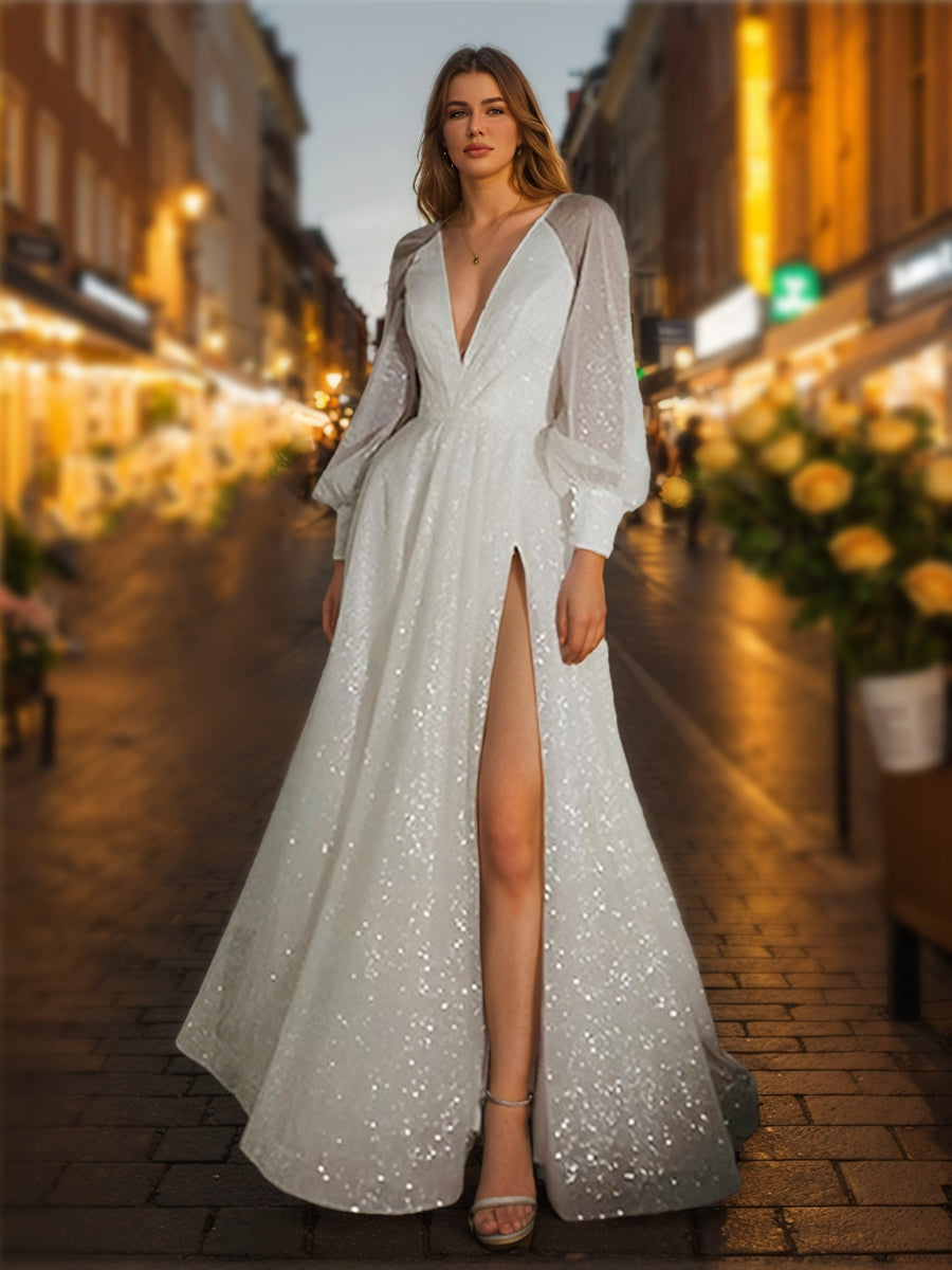 A-Line/Princess V-Neck Long Sleeves Split Side Wedding Dresses