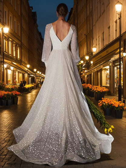A-Line/Princess V-Neck Long Sleeves Split Side Wedding Dresses