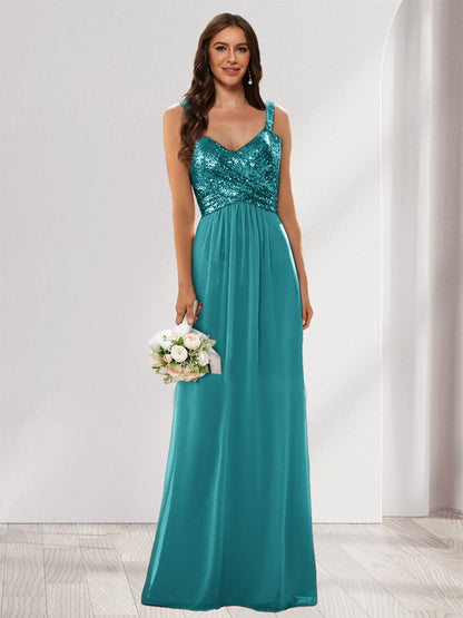 A-Line/Princess V-Neck Sleeveless Sequins Bridesmaid Dresses