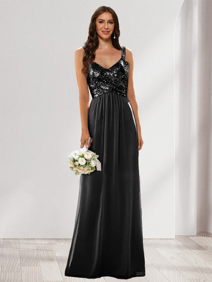 A-Line/Princess V-Neck Sleeveless Sequins Bridesmaid Dresses
