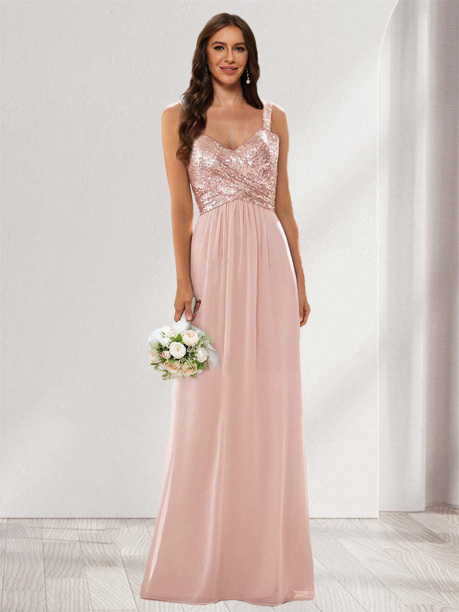 A-Line/Princess V-Neck Sleeveless Sequins Bridesmaid Dresses