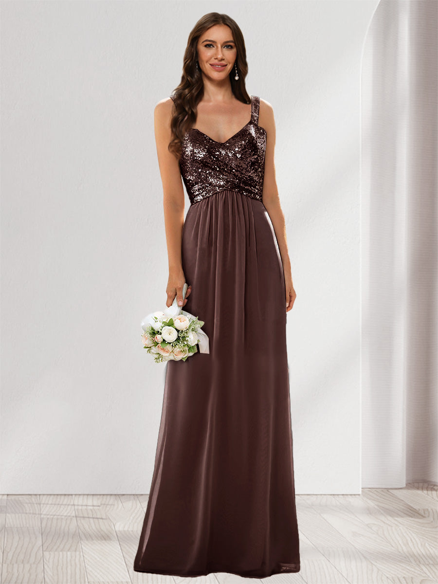 A-Line/Princess V-Neck Sleeveless Sequins Bridesmaid Dresses
