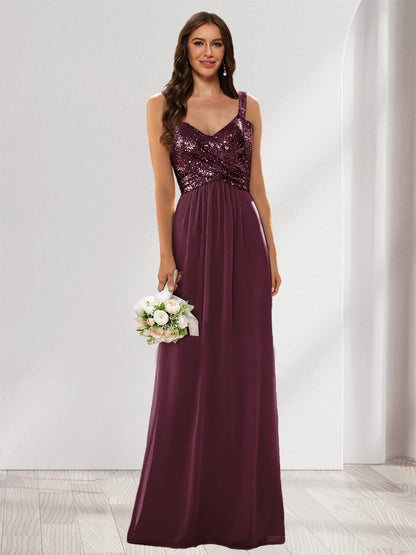 A-Line/Princess V-Neck Sleeveless Sequins Bridesmaid Dresses