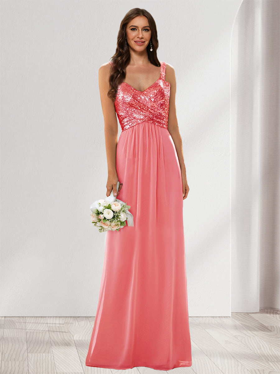 A-Line/Princess V-Neck Sleeveless Sequins Bridesmaid Dresses