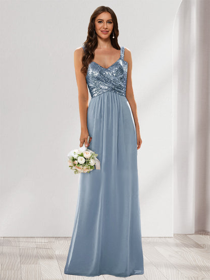 A-Line/Princess V-Neck Sleeveless Sequins Bridesmaid Dresses