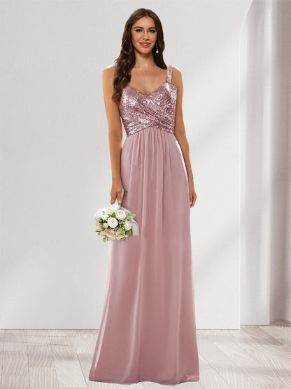 A-Line/Princess V-Neck Sleeveless Sequins Bridesmaid Dresses
