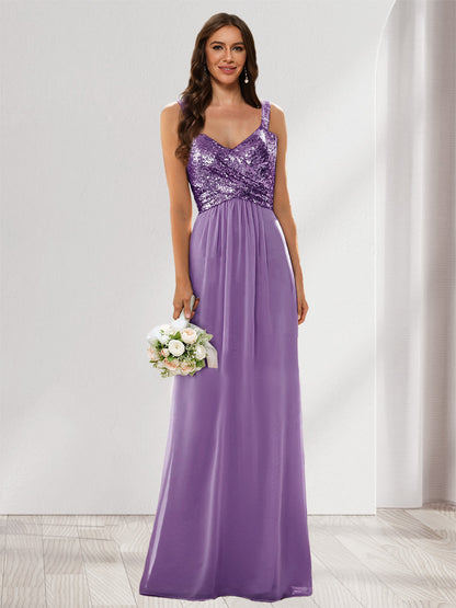 A-Line/Princess V-Neck Sleeveless Sequins Bridesmaid Dresses