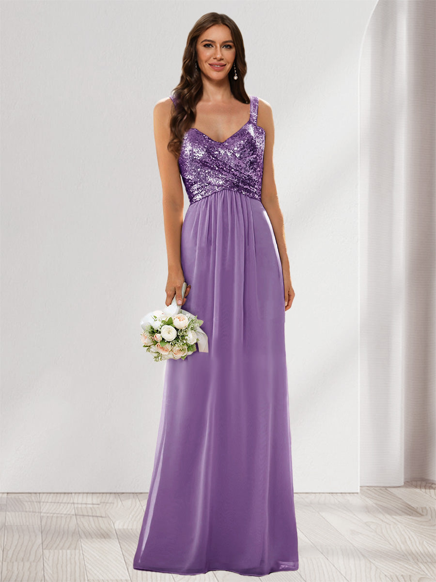 A-Line/Princess V-Neck Sleeveless Sequins Bridesmaid Dresses
