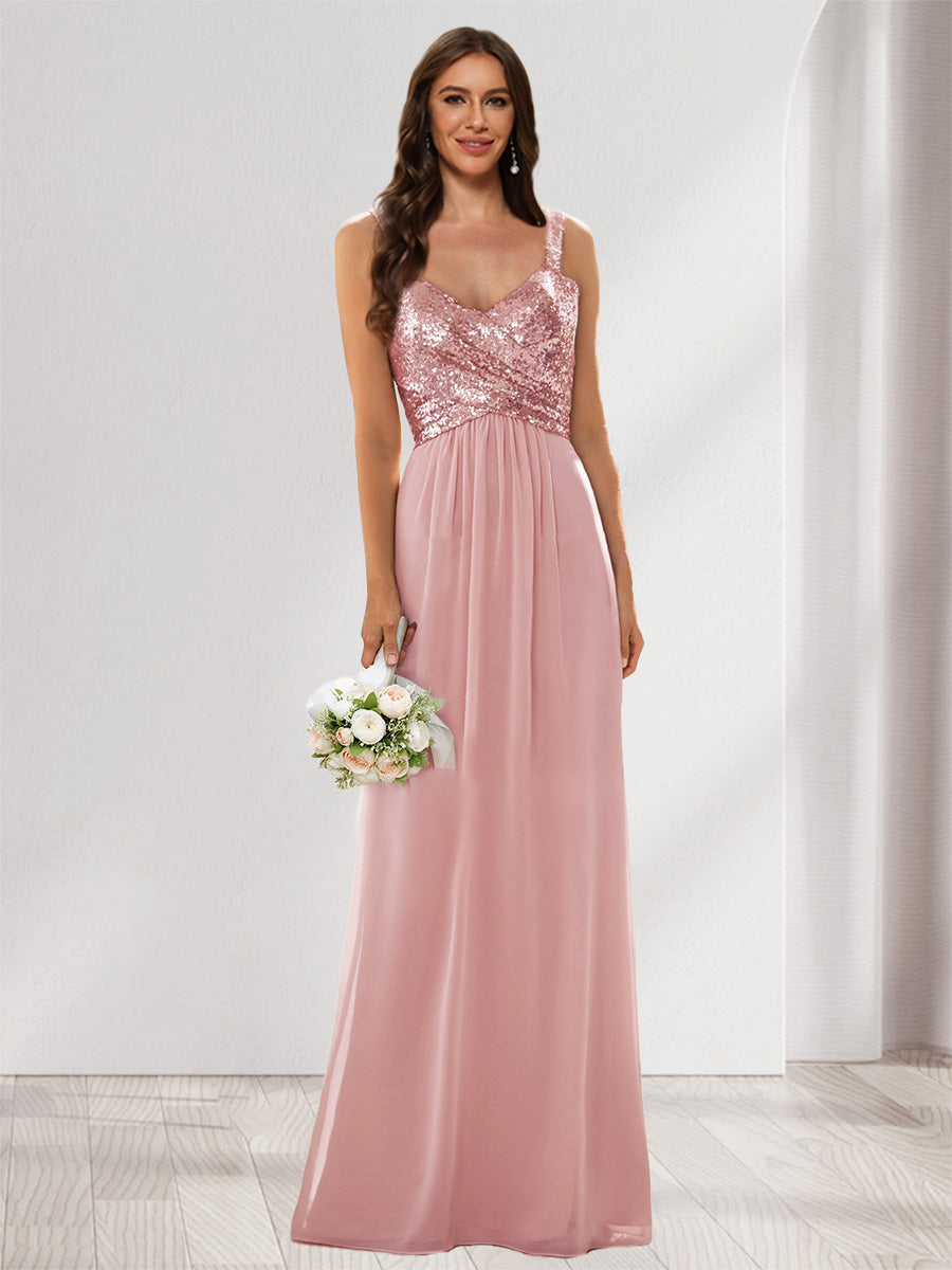 A-Line/Princess V-Neck Sleeveless Sequins Bridesmaid Dresses