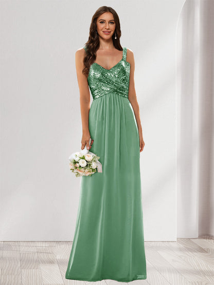 A-Line/Princess V-Neck Sleeveless Sequins Bridesmaid Dresses