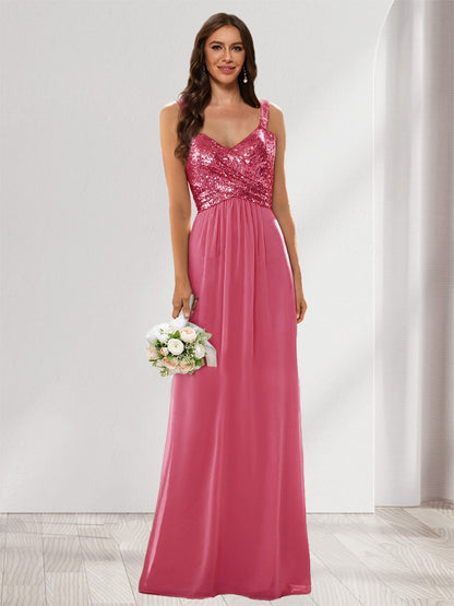 A-Line/Princess V-Neck Sleeveless Sequins Bridesmaid Dresses